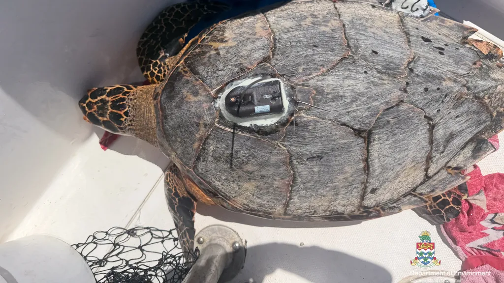 airG Shady, a juvenile hawksbill turtle with a satellite transmitter attached to her shell, aboard a Cayman Islands Department of Environment research boat